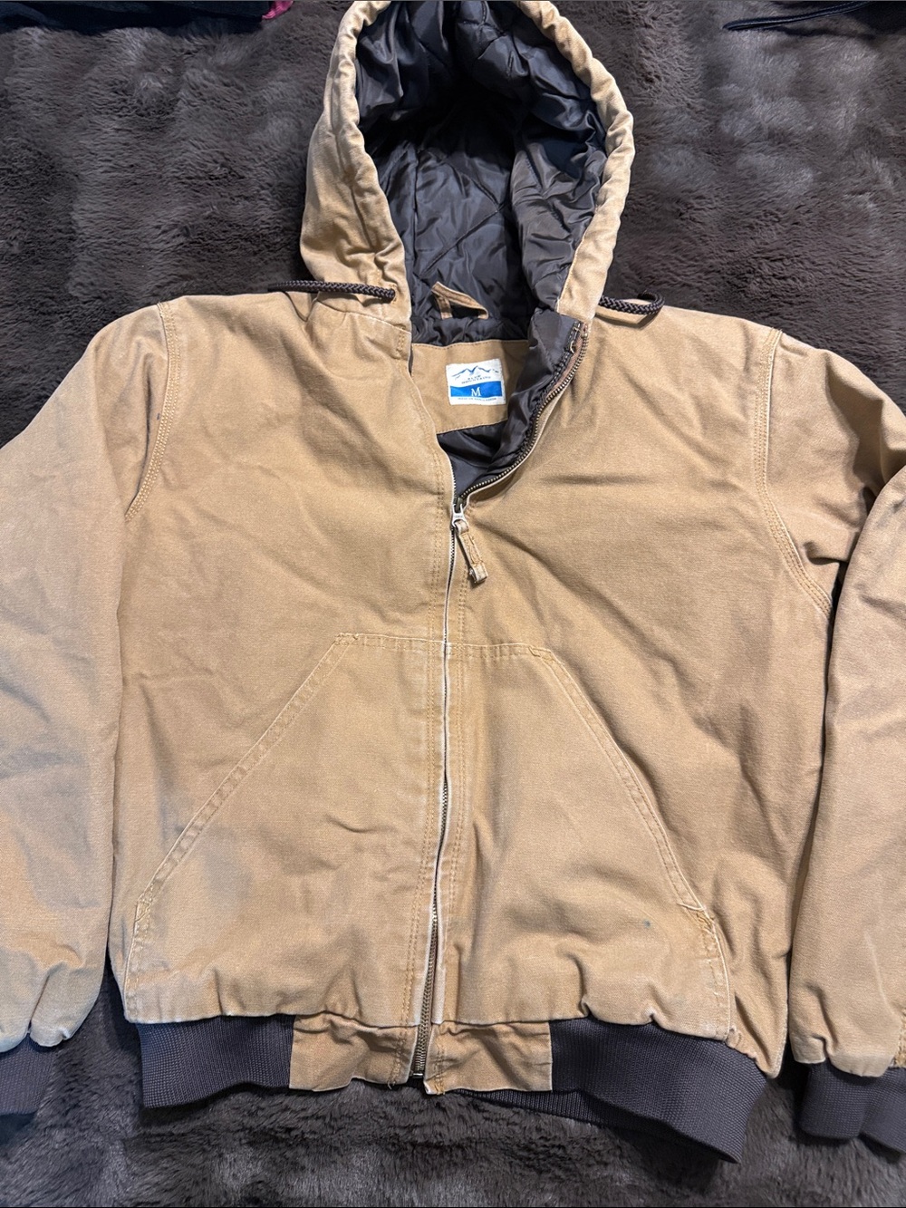 Men's Hooded Work Puffer Jacket in Brown with Quilted Lining
